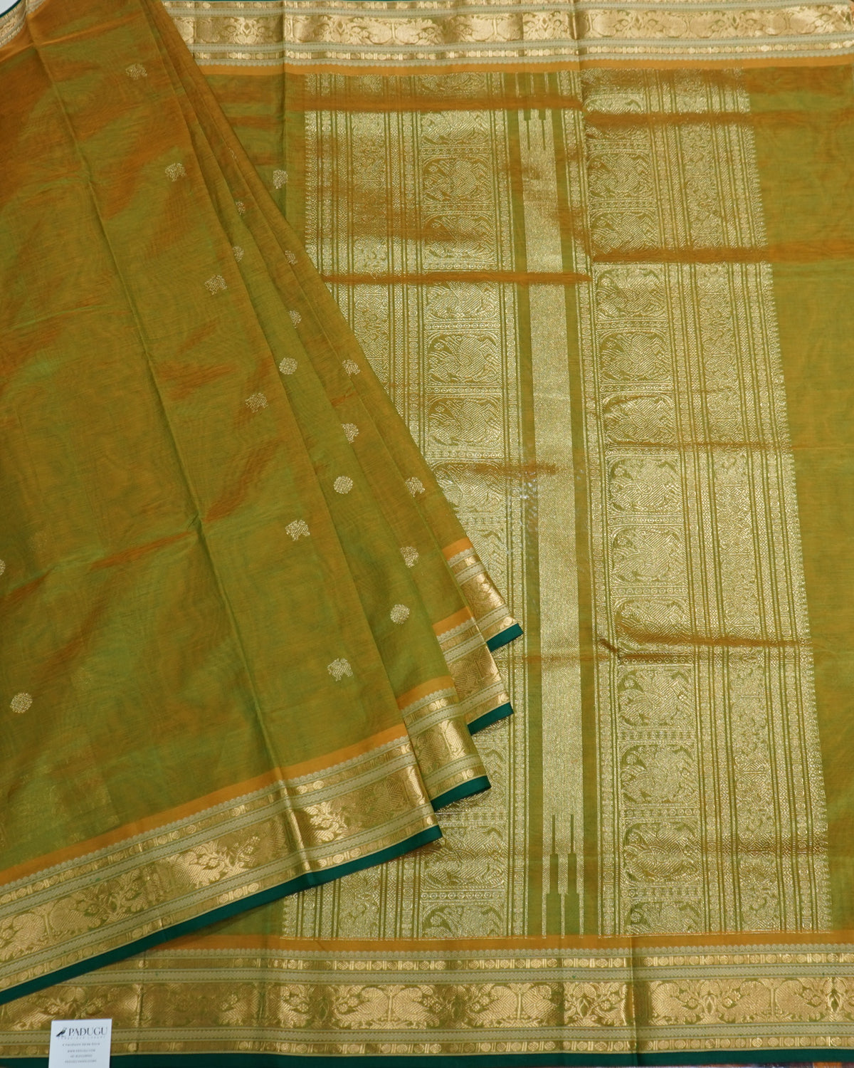 Mehendi Green Pure Handloom Kanchi Silk Cotton Saree with Zari Border