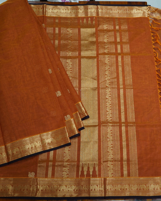 Gold Pure Handloom Kanchi Silk Cotton Saree with Zari Border