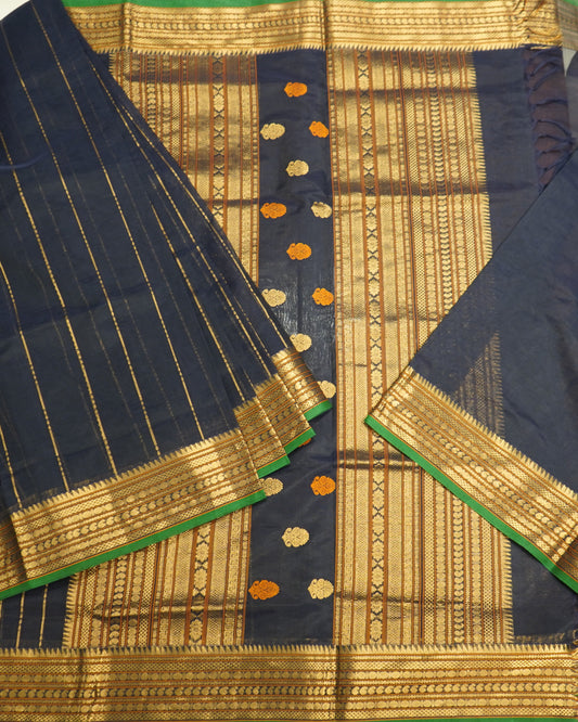 Navy Blue Kanchi Silk Cotton Saree with Zari Silk Handloom Saree