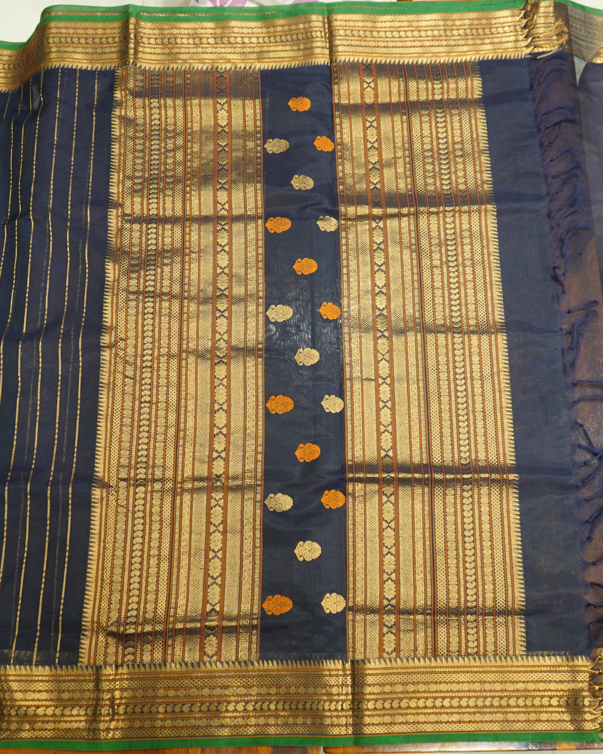 Navy Blue Kanchi Silk Cotton Saree with Zari Silk Handloom Saree