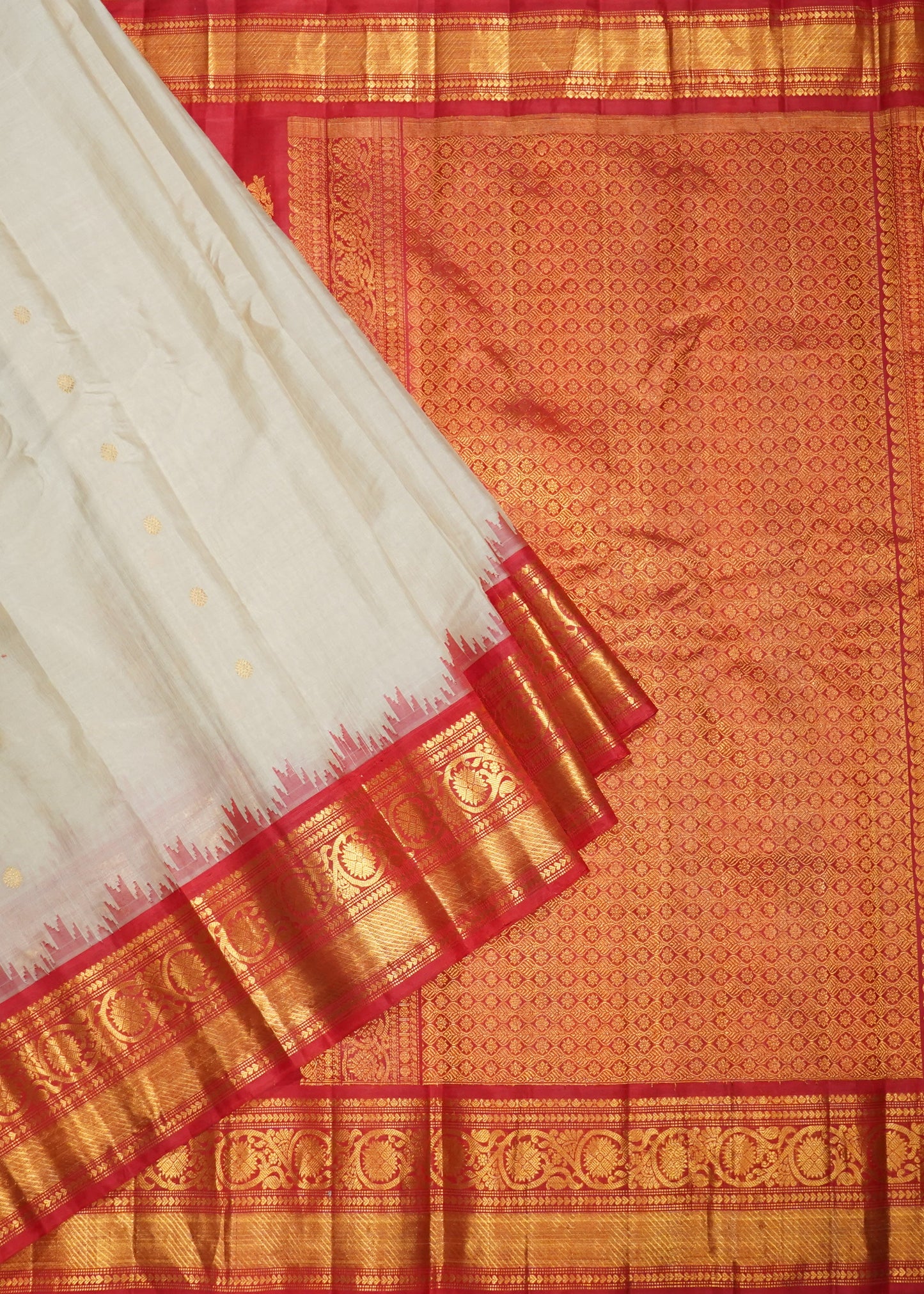 Cream Gadwal Zari Buti Pure Silk Cotton Saree