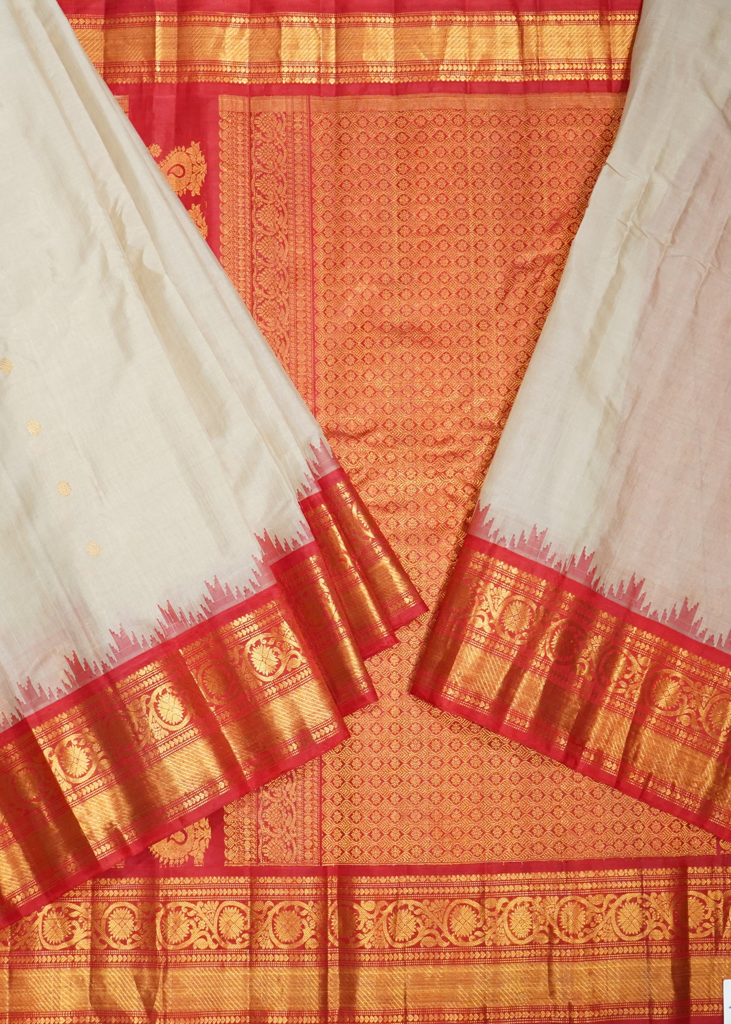 Cream Gadwal Zari Buti Pure Silk Cotton Saree