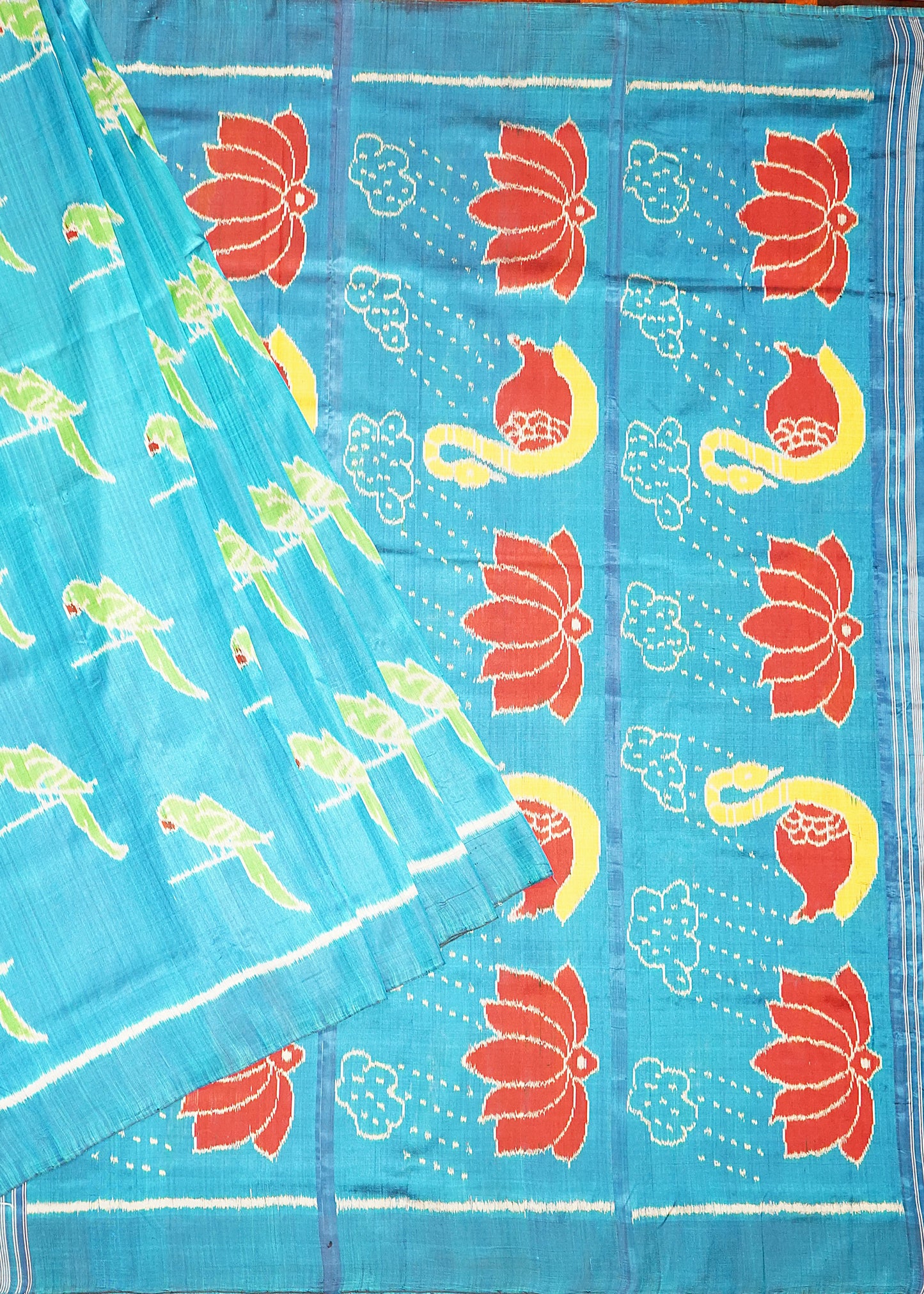Rama Blue Orissa Ikkat Parrots Design Pure Silk Handloom Saree