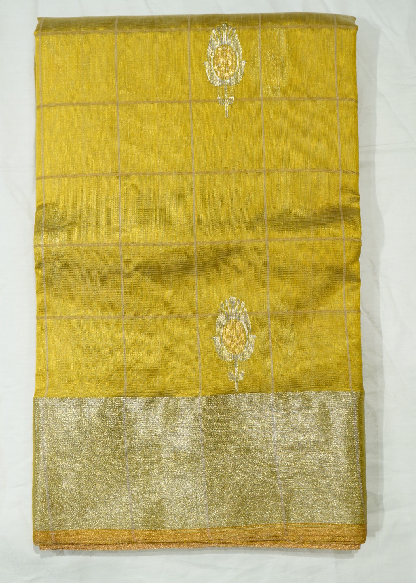 Gold Yellow Chanderi Checks Eknaal Buti Pure Silk Handloom Saree