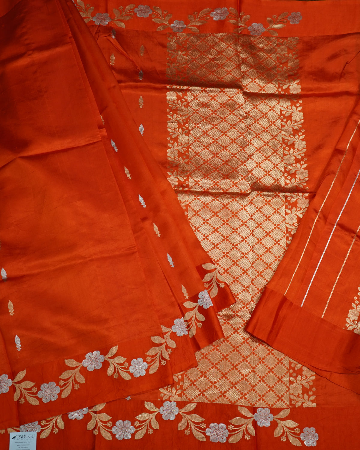Orange Banaras Katan Silk Saree with Zari Border & Zari Buttis