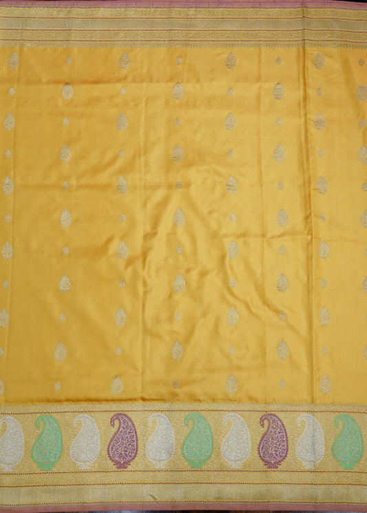 Yellow Banaras Ikatara Katan Pure Silk Saree