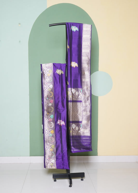 Voilet Banaras Meenakari Zari Buti Iktara Katan Pure Silk Handloom Saree