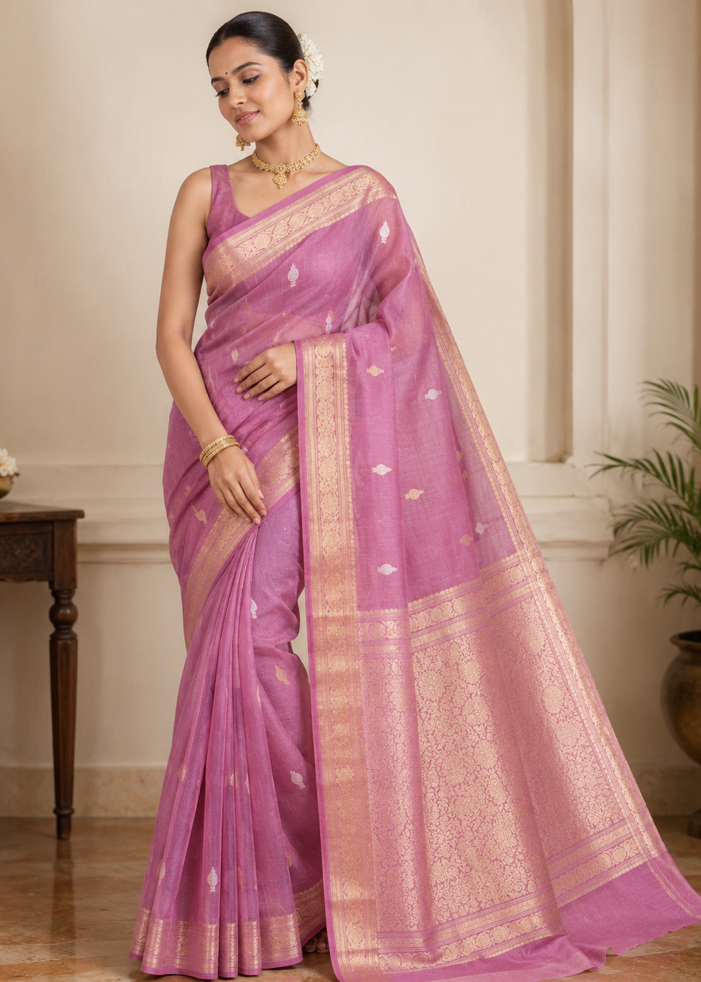 Dark Pink Banaras Zari Buti Tissue Silk Saree