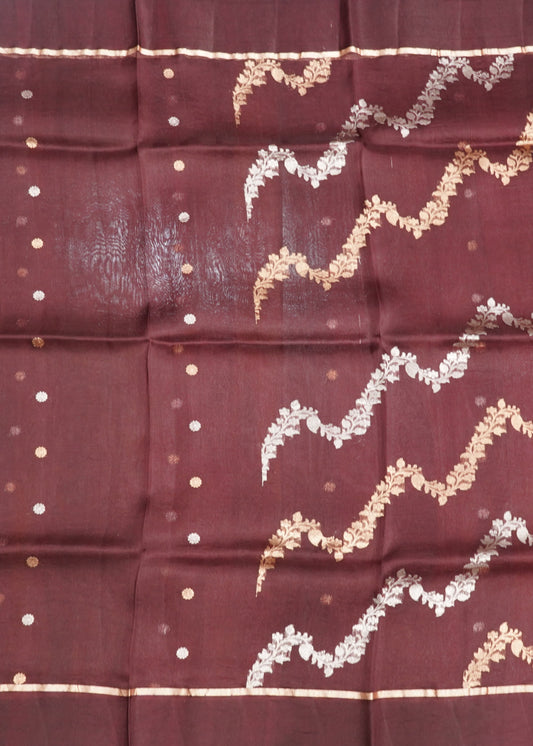 Coffee Brown Banaras Jaal Kora Pure Silk Handloom Saree